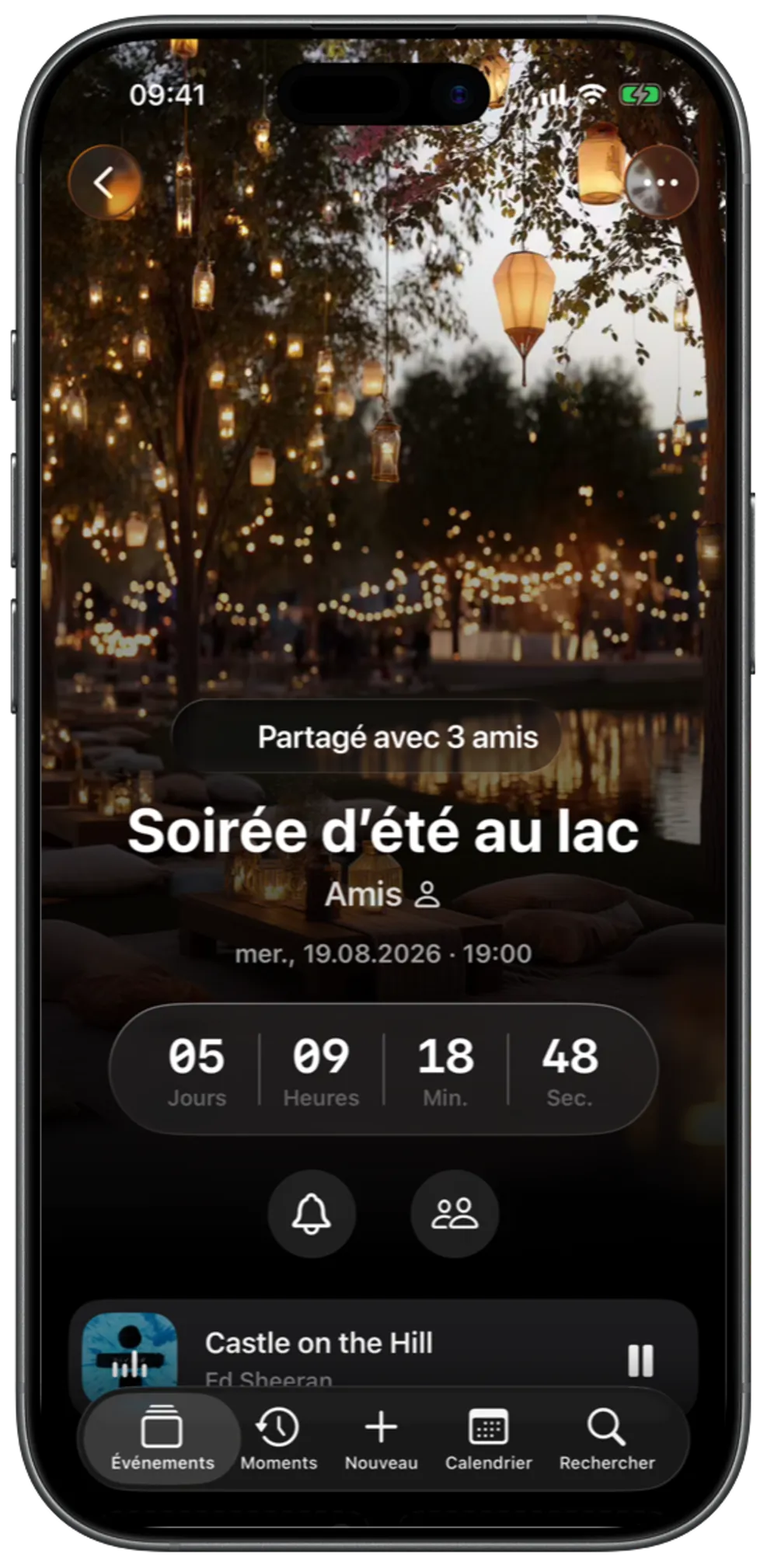 Événement partagé avec des amis et compte à rebours commun