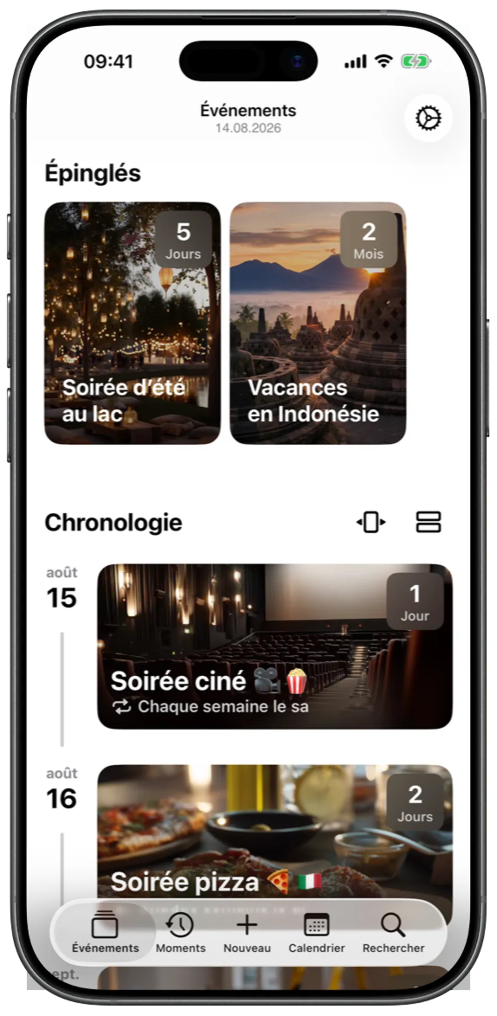 Aperçu des événements avec événements épinglés et chronologie